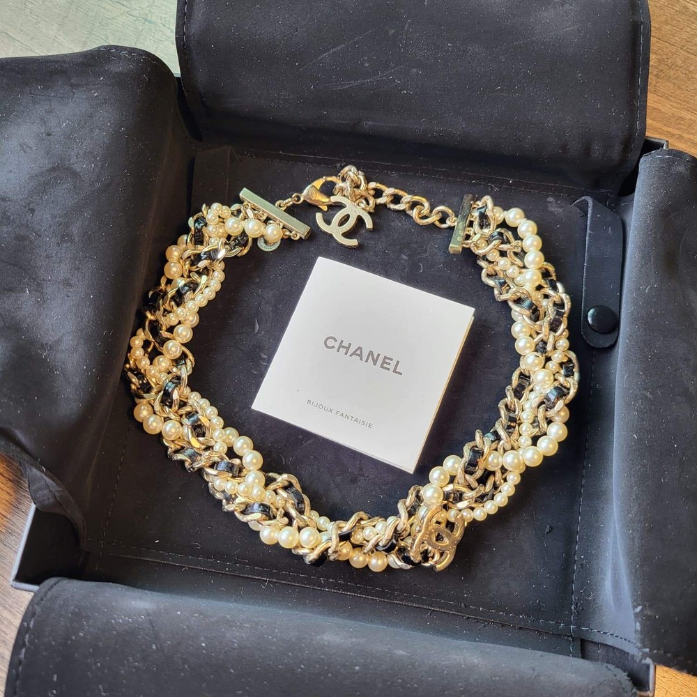 Chanel Choker Necklace OS Gold Black Pearl Braided CC Logo Multi-Strand - Picture 5 of 10